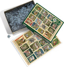 The Nature of Books jigsaw puzzle by Cobble Hill. The box is open, displaying colorful puzzle pieces and an image of the completed puzzle showing vintage book covers featuring nature themes, flowers, and wildlife.