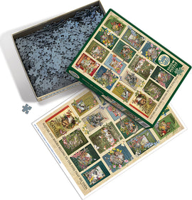 The Nature of Books jigsaw puzzle by Cobble Hill. The box is open, displaying colorful puzzle pieces and an image of the completed puzzle showing vintage book covers featuring nature themes, flowers, and wildlife.