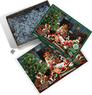 A colorful jigsaw puzzle titled 'Christmas Puppies' by Cobble Hill, featuring a festive scene with various breeds of puppies playing around a decorated Christmas tree, surrounded by gifts and holiday decorations. The puzzle pieces are spread out in a box, showcasing their unique shapes, while the box itself displays the vibrant image of the completed puzzle and its festive atmosphere.