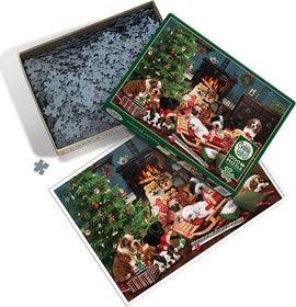 A colorful jigsaw puzzle titled 'Christmas Puppies' by Cobble Hill, featuring a festive scene with various breeds of puppies playing around a decorated Christmas tree, surrounded by gifts and holiday decorations. The puzzle pieces are spread out in a box, showcasing their unique shapes, while the box itself displays the vibrant image of the completed puzzle and its festive atmosphere.