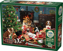 Christmas Puppies jigsaw puzzle by Cobble Hill featuring a cozy holiday scene with various puppies surrounded by gift boxes and a decorated Christmas tree. The background includes a warm fireplace and festive decorations, perfect for holiday gatherings and family fun. Contains 1000 pieces with a poster included.