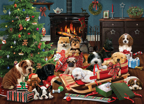 A festive jigsaw puzzle featuring adorable puppies gathered around a beautifully decorated Christmas tree in a cozy living room. The scene includes various breeds of dogs, some playfully wrapped in ribbons, sitting by a warm fireplace surrounded by gifts, ornaments, and holiday decorations, creating a joyful holiday atmosphere.