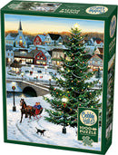 The Cobble Hill Village Tree jigsaw puzzle box features a picturesque winter scene. A beautifully decorated Christmas tree stands in the foreground with a sparkling star, surrounded by quaint buildings, a snowy landscape, and activity-filled streets. Onlookers enjoy horse-drawn carriages, and a playful dog is visible near the snow-covered path, all illuminated by street lamps.