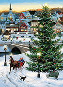 A detailed jigsaw puzzle depicting a festive winter village scene with a decorated Christmas tree, snowy streets, a horse-drawn sleigh carrying two people, and children playing. The charming town features quaint shops, lampposts adorned with wreaths, and a serene bridge over a river, all under a twilight sky.