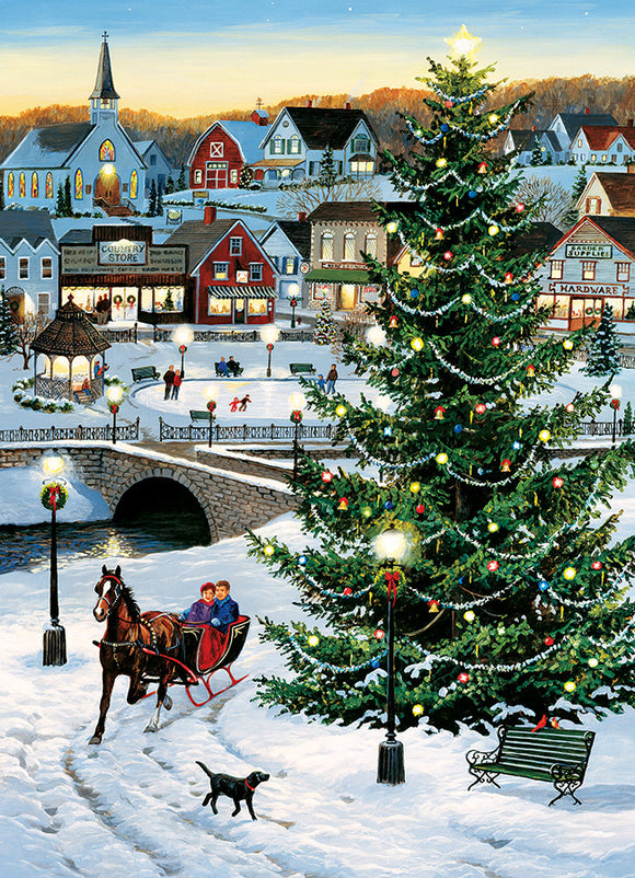 A detailed jigsaw puzzle depicting a festive winter village scene with a decorated Christmas tree, snowy streets, a horse-drawn sleigh carrying two people, and children playing. The charming town features quaint shops, lampposts adorned with wreaths, and a serene bridge over a river, all under a twilight sky.