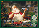 Santa Claus, with a white beard and red attire, carefully paints miniature toy cars in his workshop. Surrounded by a Christmas tree and various colorful paints, Santa smiles as he showcases a blue car. The scene captures a joyful holiday spirit and creativity, perfect for enthusiasts of model cars and jigsaw puzzles.