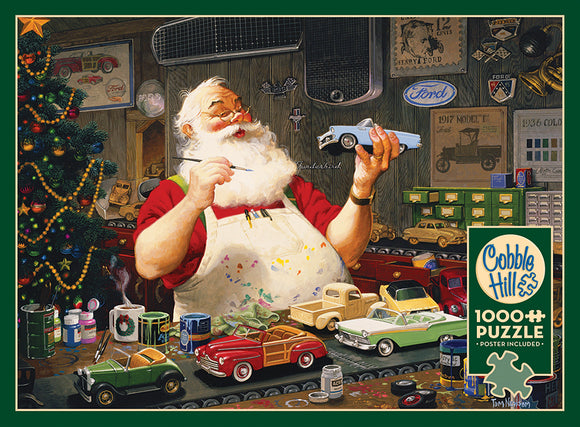 Santa Claus, with a white beard and red attire, carefully paints miniature toy cars in his workshop. Surrounded by a Christmas tree and various colorful paints, Santa smiles as he showcases a blue car. The scene captures a joyful holiday spirit and creativity, perfect for enthusiasts of model cars and jigsaw puzzles.
