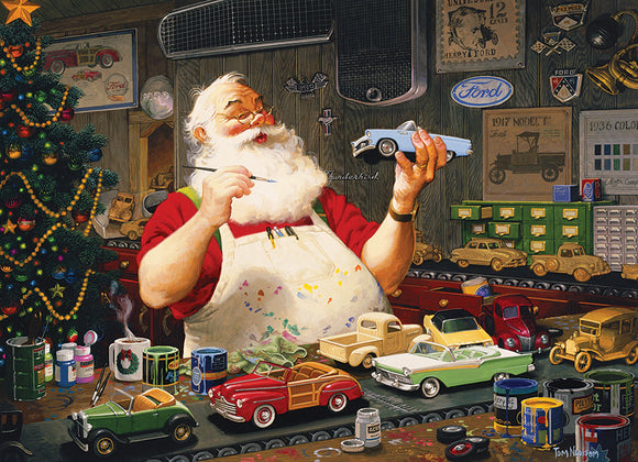 A cozy scene featuring Santa Claus in a workshop, painting miniature toy cars on a table. Colorful paint cans and a decorated Christmas tree are visible in the background, creating a festive atmosphere. Santa, wearing a white apron with paint splatters, smiles as he inspects a blue toy car he holds in his hand. The table is cluttered with various models and tools, embodying a joyful holiday spirit and craftsmanship.