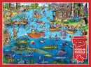 DoodleTown: Gone Fishing jigsaw puzzle featuring a vibrant lakeside scene with colorful boats, fishermen, various fish species, and whimsical characters engaged in fishing activities. The puzzle includes a poster and has 1000 pieces, inviting fun for family and friends as they piece together this detailed illustration.