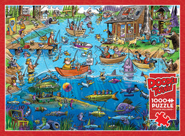 DoodleTown: Gone Fishing jigsaw puzzle featuring a vibrant lakeside scene with colorful boats, fishermen, various fish species, and whimsical characters engaged in fishing activities. The puzzle includes a poster and has 1000 pieces, inviting fun for family and friends as they piece together this detailed illustration.