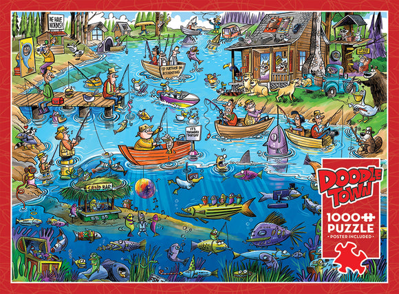 DoodleTown: Gone Fishing jigsaw puzzle featuring a vibrant lakeside scene with colorful boats, fishermen, various fish species, and whimsical characters engaged in fishing activities. The puzzle includes a poster and has 1000 pieces, inviting fun for family and friends as they piece together this detailed illustration.