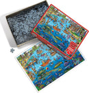 DoodleTown: Gone Fishing jigsaw puzzle by Cobble Hill. The box features a vibrant illustration of a fishing scene with boats, animals, and underwater life. It includes a variety of colorful puzzle pieces inside.