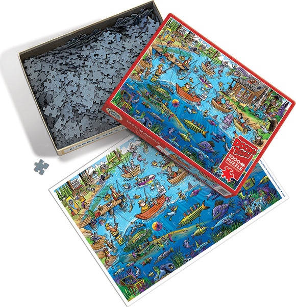 DoodleTown: Gone Fishing jigsaw puzzle by Cobble Hill. The box features a vibrant illustration of a fishing scene with boats, animals, and underwater life. It includes a variety of colorful puzzle pieces inside.