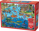 The DoodleTown: Gone Fishing jigsaw puzzle by Cobble Hill features a vibrant scene of a serene fishing village. The illustration showcases a bustling lake filled with colorful boats, cheerful fishermen, and various whimsical animals, all set against a backdrop of lush greenery and a charming cabin. This 1000-piece puzzle comes with a poster for reference, inviting puzzle enthusiasts to enjoy a relaxing and fun-filled experience.
