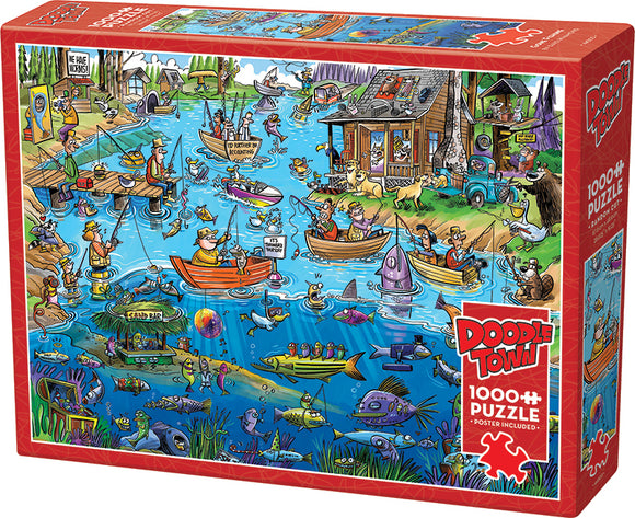 The DoodleTown: Gone Fishing jigsaw puzzle by Cobble Hill features a vibrant scene of a serene fishing village. The illustration showcases a bustling lake filled with colorful boats, cheerful fishermen, and various whimsical animals, all set against a backdrop of lush greenery and a charming cabin. This 1000-piece puzzle comes with a poster for reference, inviting puzzle enthusiasts to enjoy a relaxing and fun-filled experience.