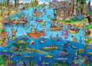 A colorful and whimsical illustration of a fishing scene, featuring various characters engaging in fishing activities on a vibrant lake. The image showcases a cabin by the water, several boats, numerous fish, and amusing details like a 'Candy Bar' sign and quirky fishing rods, capturing a lighthearted and fun atmosphere for a jigsaw puzzle.