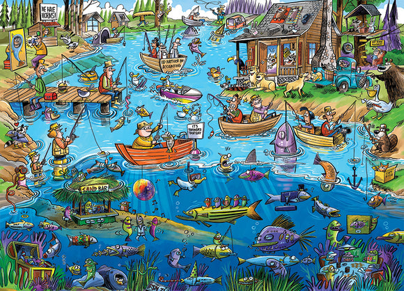 A colorful and whimsical illustration of a fishing scene, featuring various characters engaging in fishing activities on a vibrant lake. The image showcases a cabin by the water, several boats, numerous fish, and amusing details like a 'Candy Bar' sign and quirky fishing rods, capturing a lighthearted and fun atmosphere for a jigsaw puzzle.