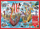 DoodleTown: Viking Voyage jigsaw puzzle featuring a vibrant, whimsical illustration of Viking ships sailing on tumultuous waters, adorned with cheerful characters, playful animals, and fantastical elements, all set against a colorful sky with clouds and a rainbow. The puzzle contains 1000 pieces and includes a poster.