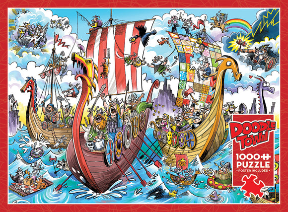 DoodleTown: Viking Voyage jigsaw puzzle featuring a vibrant, whimsical illustration of Viking ships sailing on tumultuous waters, adorned with cheerful characters, playful animals, and fantastical elements, all set against a colorful sky with clouds and a rainbow. The puzzle contains 1000 pieces and includes a poster.