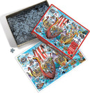 DoodleTown: Viking Voyage jigsaw puzzle by Cobble Hill featuring a colorful illustration of Viking ships on a stormy sea, with cartoon characters engaging in various activities. The box is open, showing the puzzle pieces inside, alongside the puzzle image.