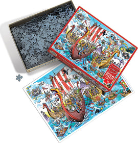 DoodleTown: Viking Voyage jigsaw puzzle by Cobble Hill featuring a colorful illustration of Viking ships on a stormy sea, with cartoon characters engaging in various activities. The box is open, showing the puzzle pieces inside, alongside the puzzle image.