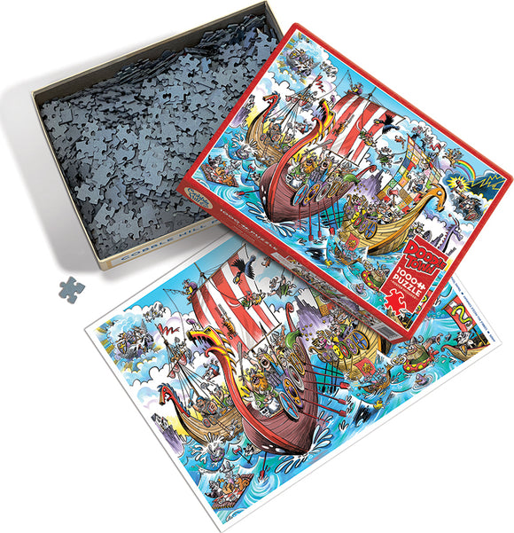 DoodleTown: Viking Voyage jigsaw puzzle by Cobble Hill featuring a colorful illustration of Viking ships on a stormy sea, with cartoon characters engaging in various activities. The box is open, showing the puzzle pieces inside, alongside the puzzle image.