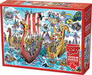 DoodleTown: Viking Voyage jigsaw puzzle by Cobble Hill featuring colorful Viking ships, whimsical characters, and a vibrant sea background. The box includes a poster for reference and highlights the fun and artistic design of the 1000-piece puzzle.