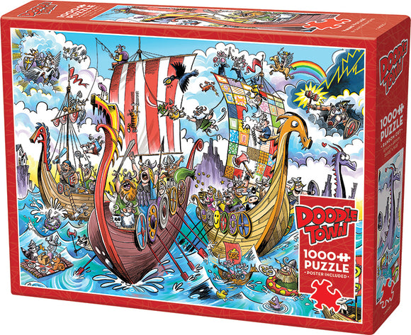 DoodleTown: Viking Voyage jigsaw puzzle by Cobble Hill featuring colorful Viking ships, whimsical characters, and a vibrant sea background. The box includes a poster for reference and highlights the fun and artistic design of the 1000-piece puzzle.