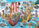 DoodleTown: Viking Voyage jigsaw puzzle featuring a vibrant, whimsical Viking scene, showcasing multiple Viking ships in a colorful ocean, filled with animated characters, monsters, and playful details, ideal for puzzle enthusiasts of all ages.