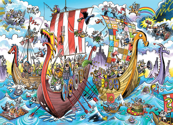 DoodleTown: Viking Voyage jigsaw puzzle featuring a vibrant, whimsical Viking scene, showcasing multiple Viking ships in a colorful ocean, filled with animated characters, monsters, and playful details, ideal for puzzle enthusiasts of all ages.