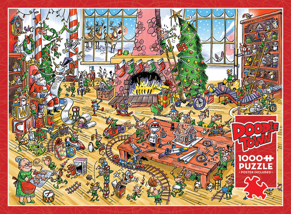 A colorful jigsaw puzzle titled 'DoodleTown: Elves at Work' by Cobble Hill, featuring a busy scene filled with cheerful elves, gifts, a decorated Christmas tree, Santa Claus, and a cozy fireplace. The artwork showcases playful details like toys, holiday decorations, and a winter scenery outside the window, perfect for holiday-themed fun.