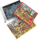 A DoodleTown jigsaw puzzle titled 'Elves at Work' by Cobble Hill. The image shows an opened puzzle box filled with interlocking pieces. The vibrant puzzle artwork features elves busily working in a festive workshop, surrounded by toys and decorations. A colorful scene with a warm fireplace showcased on the box lid, emphasizing the playful and whimsical atmosphere of the puzzle.