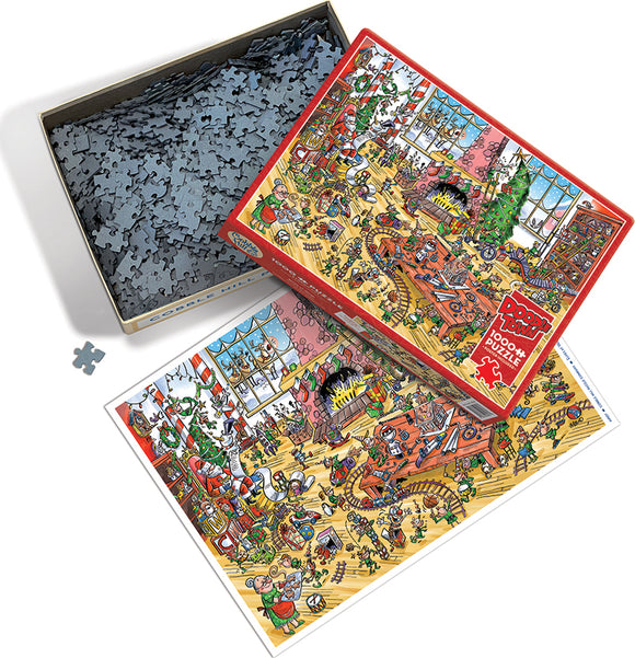 A DoodleTown jigsaw puzzle titled 'Elves at Work' by Cobble Hill. The image shows an opened puzzle box filled with interlocking pieces. The vibrant puzzle artwork features elves busily working in a festive workshop, surrounded by toys and decorations. A colorful scene with a warm fireplace showcased on the box lid, emphasizing the playful and whimsical atmosphere of the puzzle.