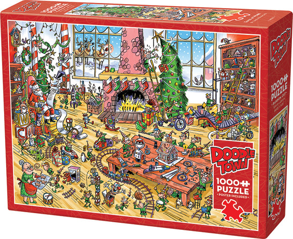 DoodleTown: Elves at Work jigsaw puzzle box featuring a vibrant holiday scene with elves busy at work, decorated Christmas trees, gifts, toys, and a cozy fireplace. The puzzle contains 1000 pieces and includes a poster.