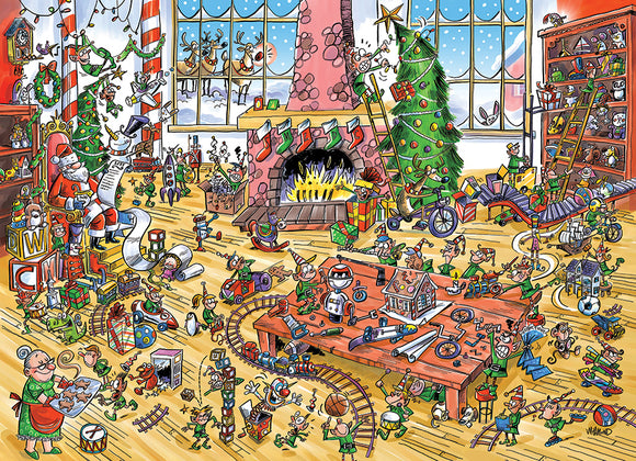 A vibrant illustration depicting a busy holiday scene in a workshop filled with elves engaged in various activities. Santa Claus sits on a chair reading a long list, while elves are wrapped up in their tasks around a large table stacked with toys and tools. The room is adorned with a bright Christmas tree, decorations, gifts, and a cozy fireplace, creating a whimsical and festive atmosphere.