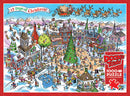 DoodleTown: 12 Days of Christmas jigsaw puzzle featuring a colorful winter scene with a busy town square, Christmas decorations, characters, and festive activities. The illustration showcases various buildings, people celebrating, and holiday elements, all surrounded by snow-covered landscapes. Includes 1000 pieces and a poster.