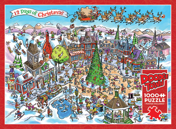 DoodleTown: 12 Days of Christmas jigsaw puzzle featuring a colorful winter scene with a busy town square, Christmas decorations, characters, and festive activities. The illustration showcases various buildings, people celebrating, and holiday elements, all surrounded by snow-covered landscapes. Includes 1000 pieces and a poster.