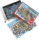 DoodleTown: 12 Days of Christmas jigsaw puzzle by Cobble Hill. Box features colorful holiday-themed artwork. Includes a pile of puzzle pieces and a reference image of the completed puzzle.
