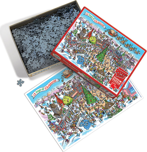 DoodleTown: 12 Days of Christmas jigsaw puzzle by Cobble Hill. Box features colorful holiday-themed artwork. Includes a pile of puzzle pieces and a reference image of the completed puzzle.