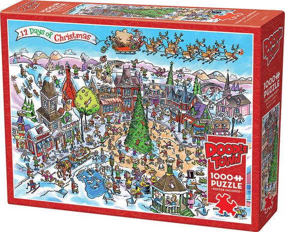 DoodleTown: 12 Days of Christmas jigsaw puzzle packaging. Features a vibrant illustration of a festive town square with people enjoying winter activities, decorated Christmas trees, and festive buildings. Includes a poster. Designed for puzzle enthusiasts, suitable for all ages.