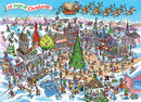 Colorful jigsaw puzzle titled 'DoodleTown: 12 Days of Christmas' by Cobble Hill. The illustration features a festive town scene filled with people celebrating Christmas, surrounded by snowy landscapes, cheerful decorations, and various holiday activities.