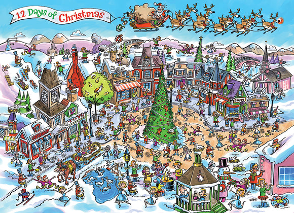 Colorful jigsaw puzzle titled 'DoodleTown: 12 Days of Christmas' by Cobble Hill. The illustration features a festive town scene filled with people celebrating Christmas, surrounded by snowy landscapes, cheerful decorations, and various holiday activities.