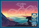 Crossings: Thunderbird and Bear is a 500-piece jigsaw puzzle by Cobble Hill featuring a stunning artwork of a bear silhouette in front of a vivid sunset and the mythical Thunderbird taking flight in the background, with swirling colors of purple, orange, and blue.