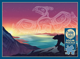 Crossings: Thunderbird and Bear is a 500-piece jigsaw puzzle by Cobble Hill featuring a stunning artwork of a bear silhouette in front of a vivid sunset and the mythical Thunderbird taking flight in the background, with swirling colors of purple, orange, and blue.