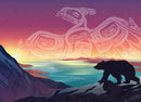 A vibrant jigsaw puzzle design featuring a silhouette of a bear against a colorful sunrise. The background showcases soft purples and oranges with water and mountains. Above, a stylized Thunderbird design is integrated into the sky, adding a mystical touch. The art reflects indigenous themes, making it visually captivating and suitable for puzzle enthusiasts.