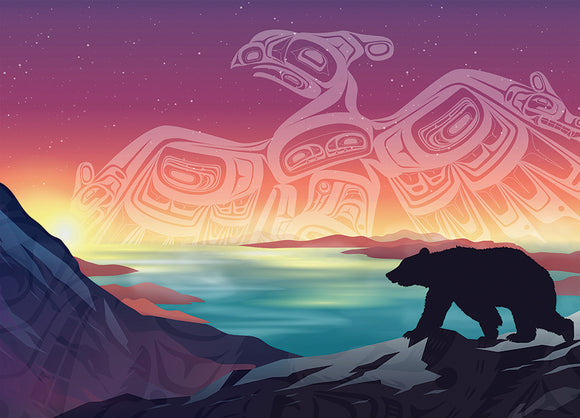 A vibrant jigsaw puzzle design featuring a silhouette of a bear against a colorful sunrise. The background showcases soft purples and oranges with water and mountains. Above, a stylized Thunderbird design is integrated into the sky, adding a mystical touch. The art reflects indigenous themes, making it visually captivating and suitable for puzzle enthusiasts.