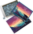 Crossings: Thunderbird and Bear jigsaw puzzle by Cobble Hill. The box features a vibrant image of a bear against a colorful sunset, showcasing Indigenous art. The puzzle pieces are spread out, revealing the intricate designs and colors, perfect for puzzle enthusiasts and collectors alike.
