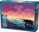 Crossings: Thunderbird and Bear jigsaw puzzle by Cobble Hill featuring a stunning design with a bear silhouette against a vibrant sunset and an artistic Thunderbird illustration. The box includes 500 pieces and a poster.