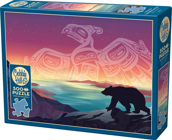 Crossings: Thunderbird and Bear jigsaw puzzle by Cobble Hill featuring a stunning design with a bear silhouette against a vibrant sunset and an artistic Thunderbird illustration. The box includes 500 pieces and a poster.