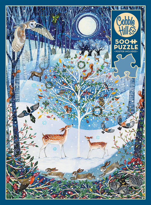 A vibrant jigsaw puzzle featuring a Winter Woodland scene, illustrated with snow-covered trees, deer, rabbits, and various birds. The artwork is richly detailed, showcasing a serene winter night with a bright moon and twinkling snowflakes. The puzzle is created by Cobble Hill and contains 500 pieces, complete with a poster for reference.